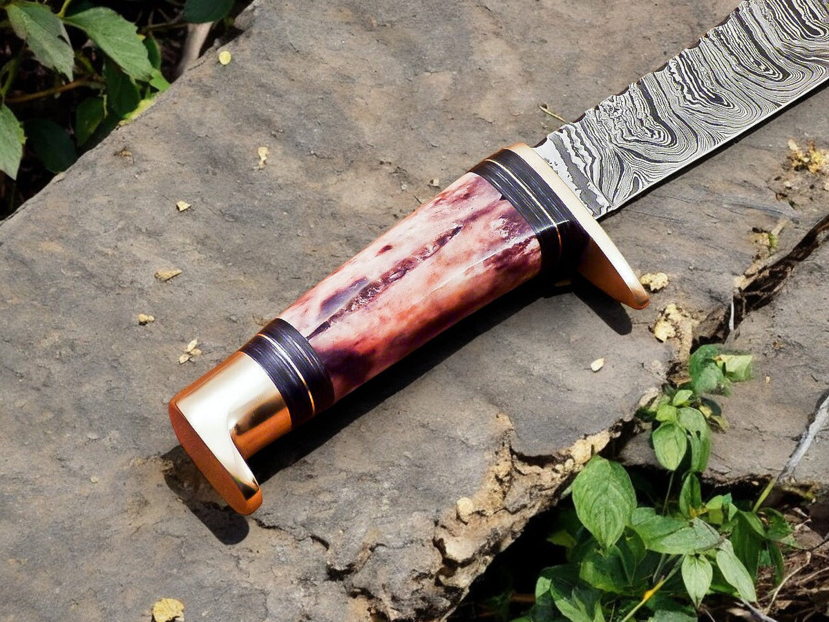 Handmade Damascus Hunting Knife – 12" with Bone Handle