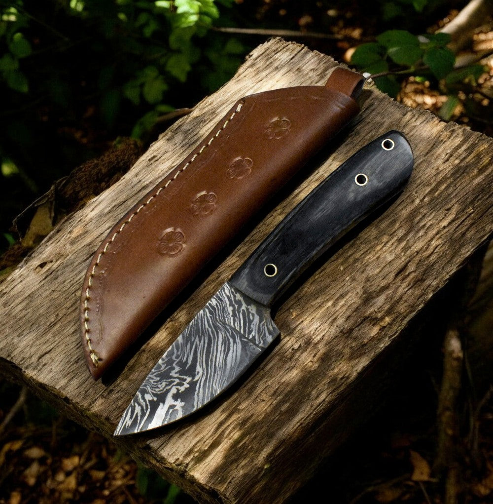 Handmade Damascus Steel Skinning Knife – Black Wood Handle