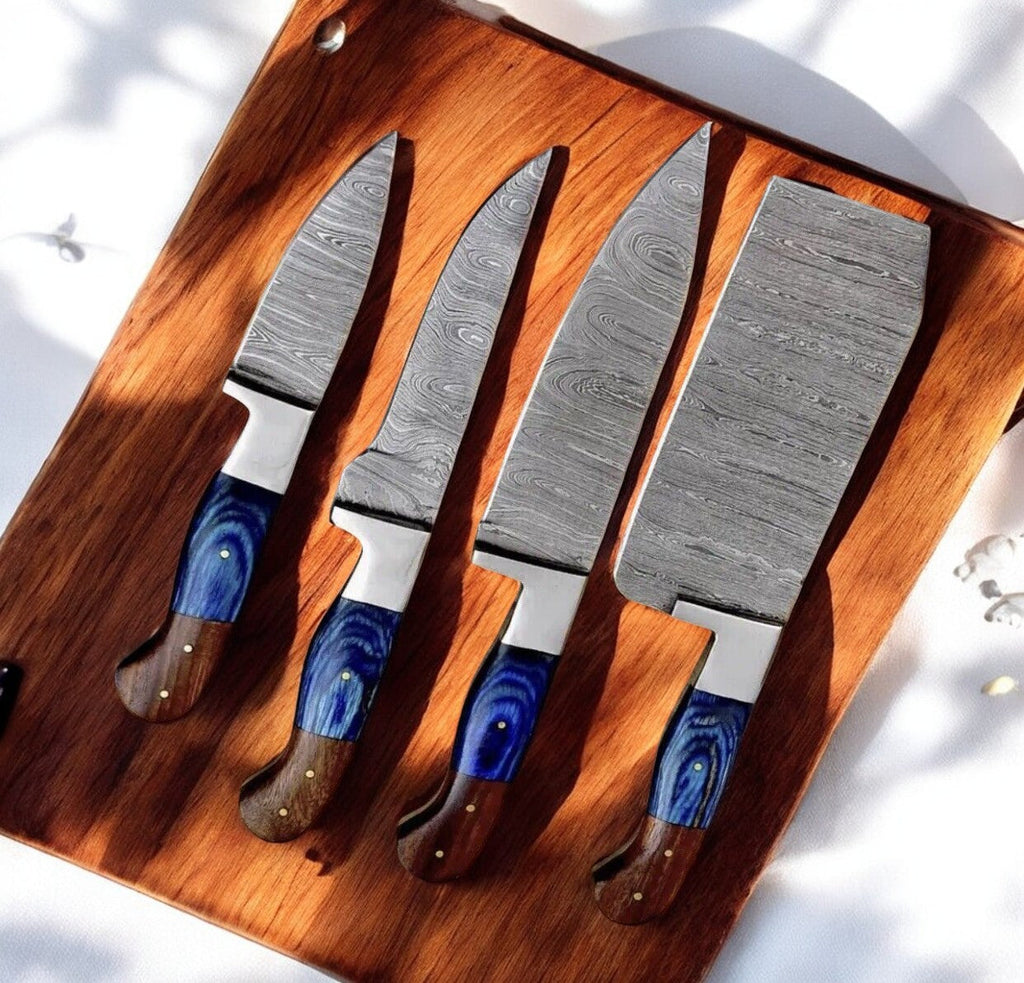 Handmade Damascus Kitchen Knives Set with Leather Roll