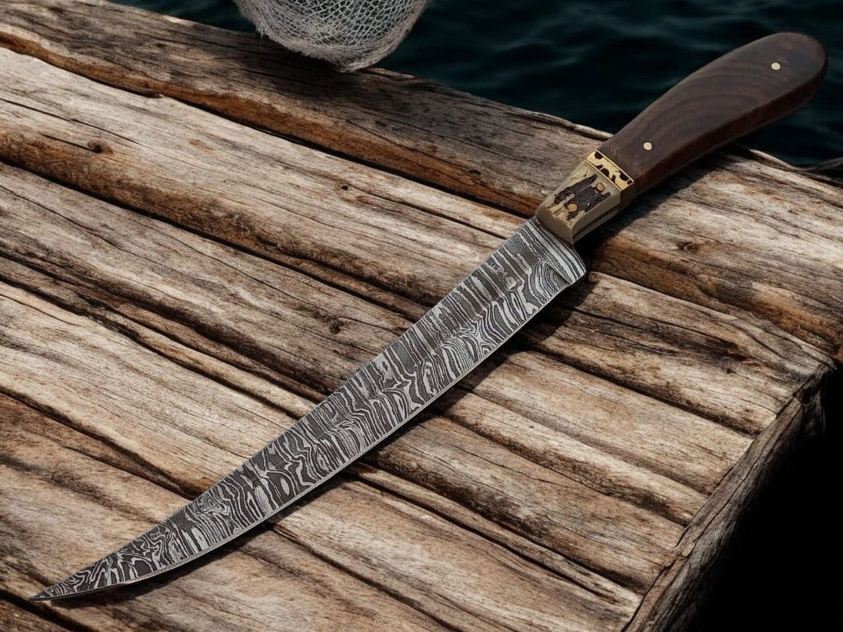 Premium Damascus Fillet Knife – Rosewood & Antler Handle