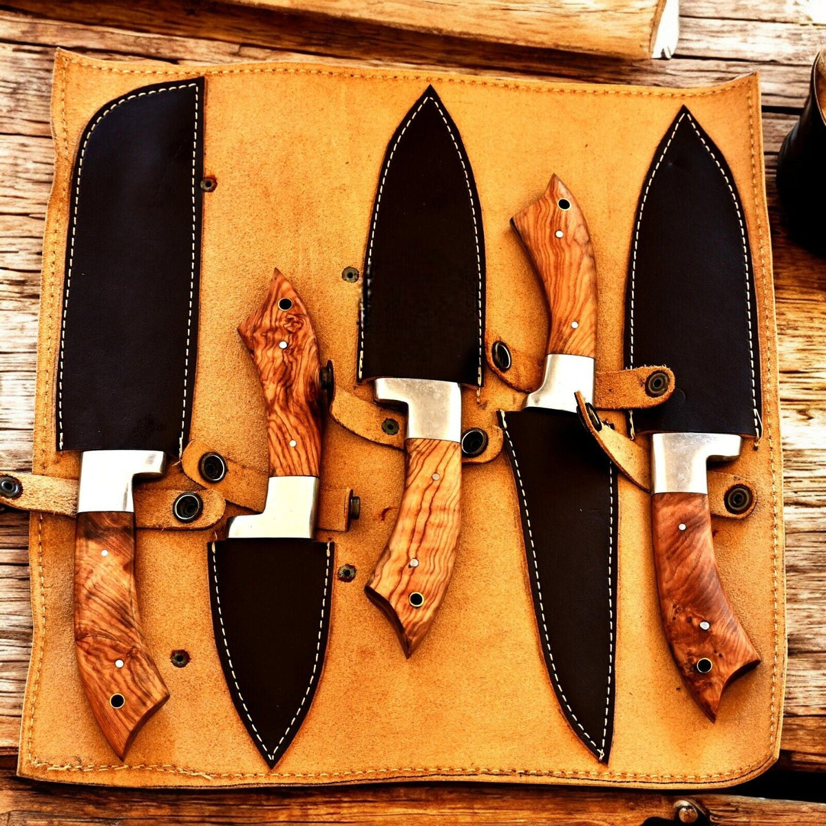Handmade Damascus Kitchen Knives Set with Olivewood Handle