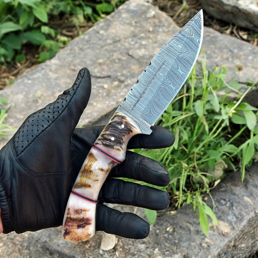 Handmade Damascus Hunting Knife with Sheep Horn Handle
