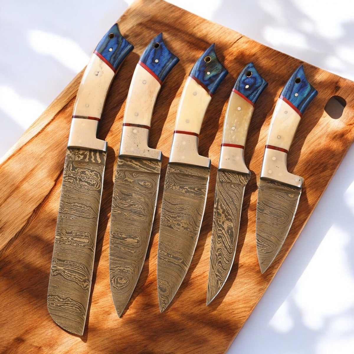Handmade Damascus Kitchen Knives Set – Exotic Wood & Bone