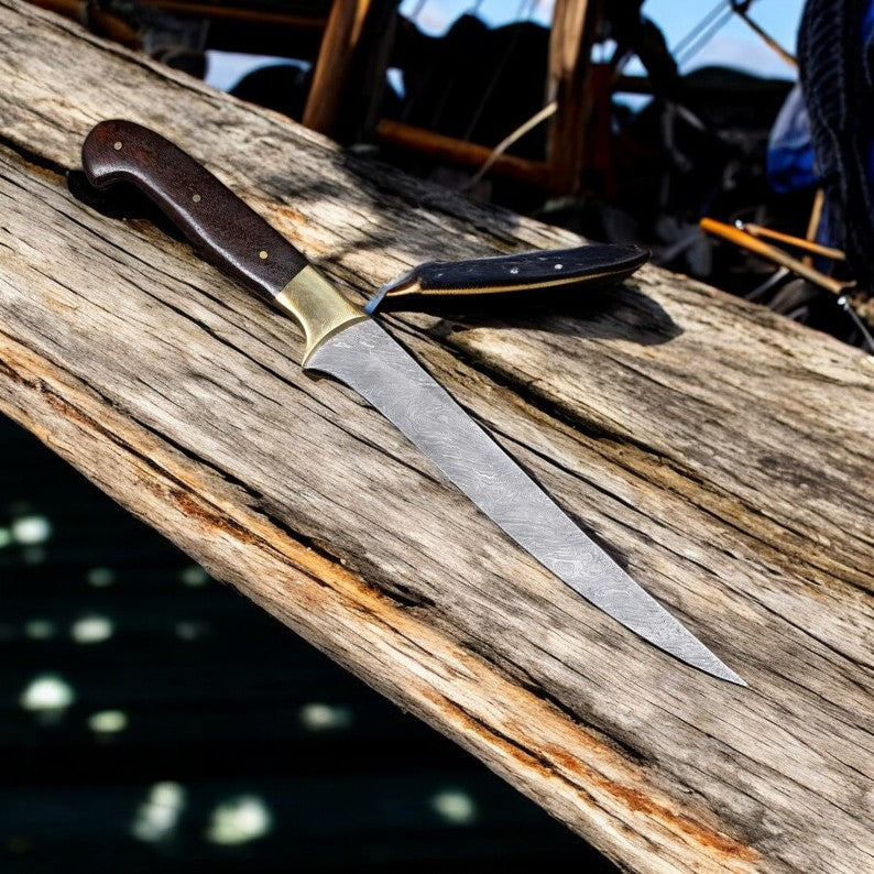 Handmade Damascus Fillet Knife – 8" Blade, Rosewood Handle