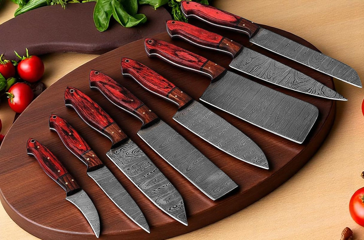 Damascus Cooking Knife Set – 8-Piece Full Tang Forged Blades