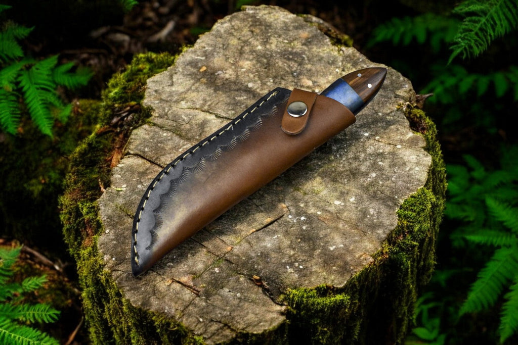 Handmade Damascus Steel Skinning Knife with Leather Sheath