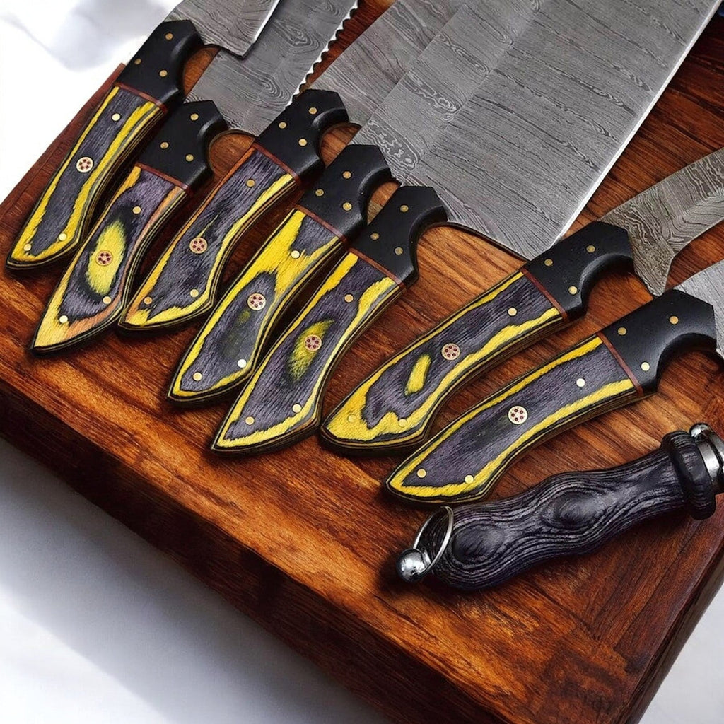 Handmade Damascus Kitchen Knives Set | Exotic Wood & Horn