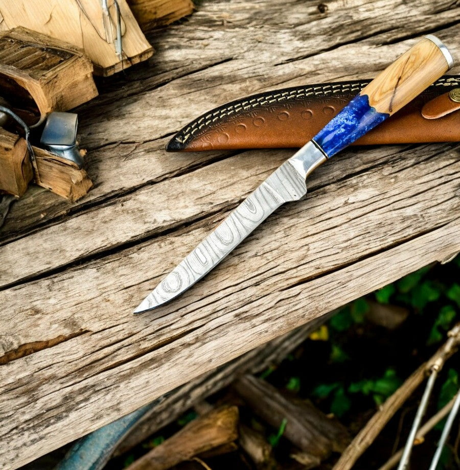 Handmade Damascus Fillet Knife – Epoxy Olive Wood Handle