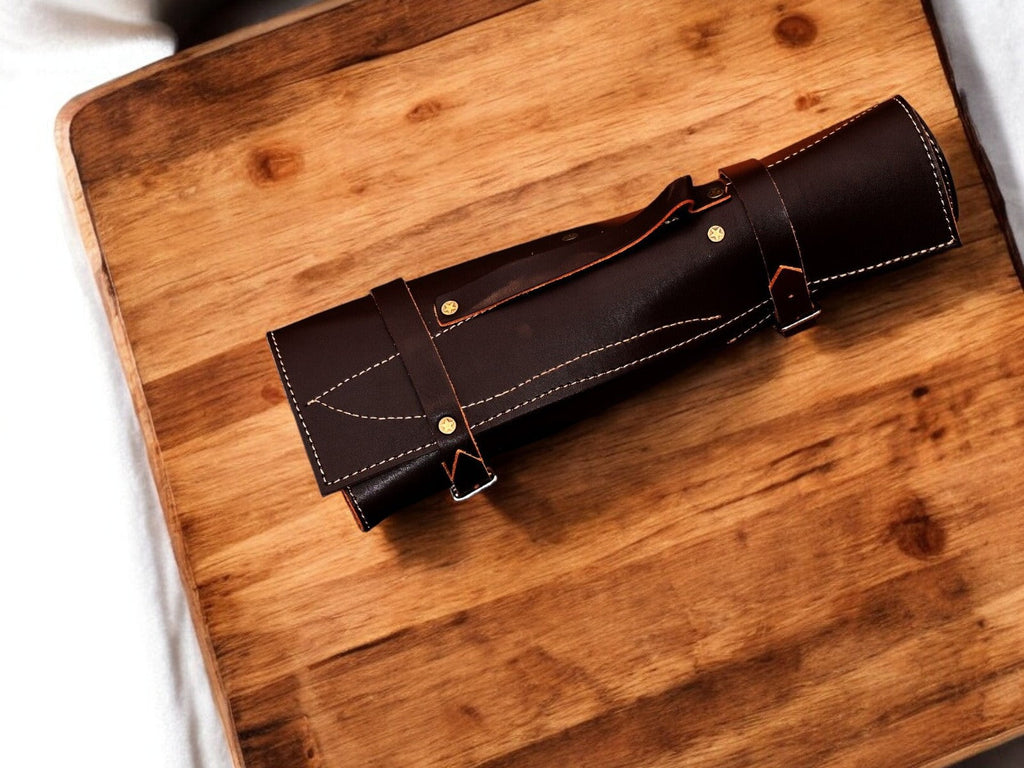 Handmade Damascus Steel Kitchen Knives Set with Leather Roll