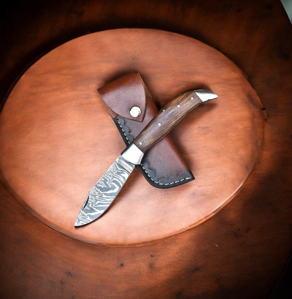 Handmade Damascus Steel Pocket Knife with Rosewood Handle
