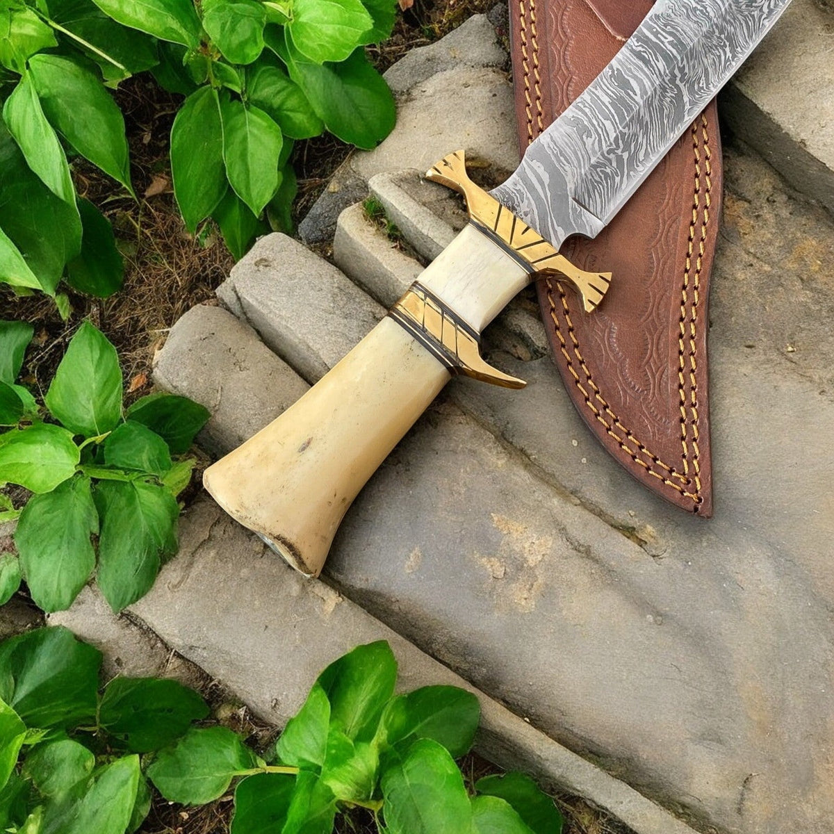 Handmade Damascus Bowie Knife – 10" Bone Handle Blade