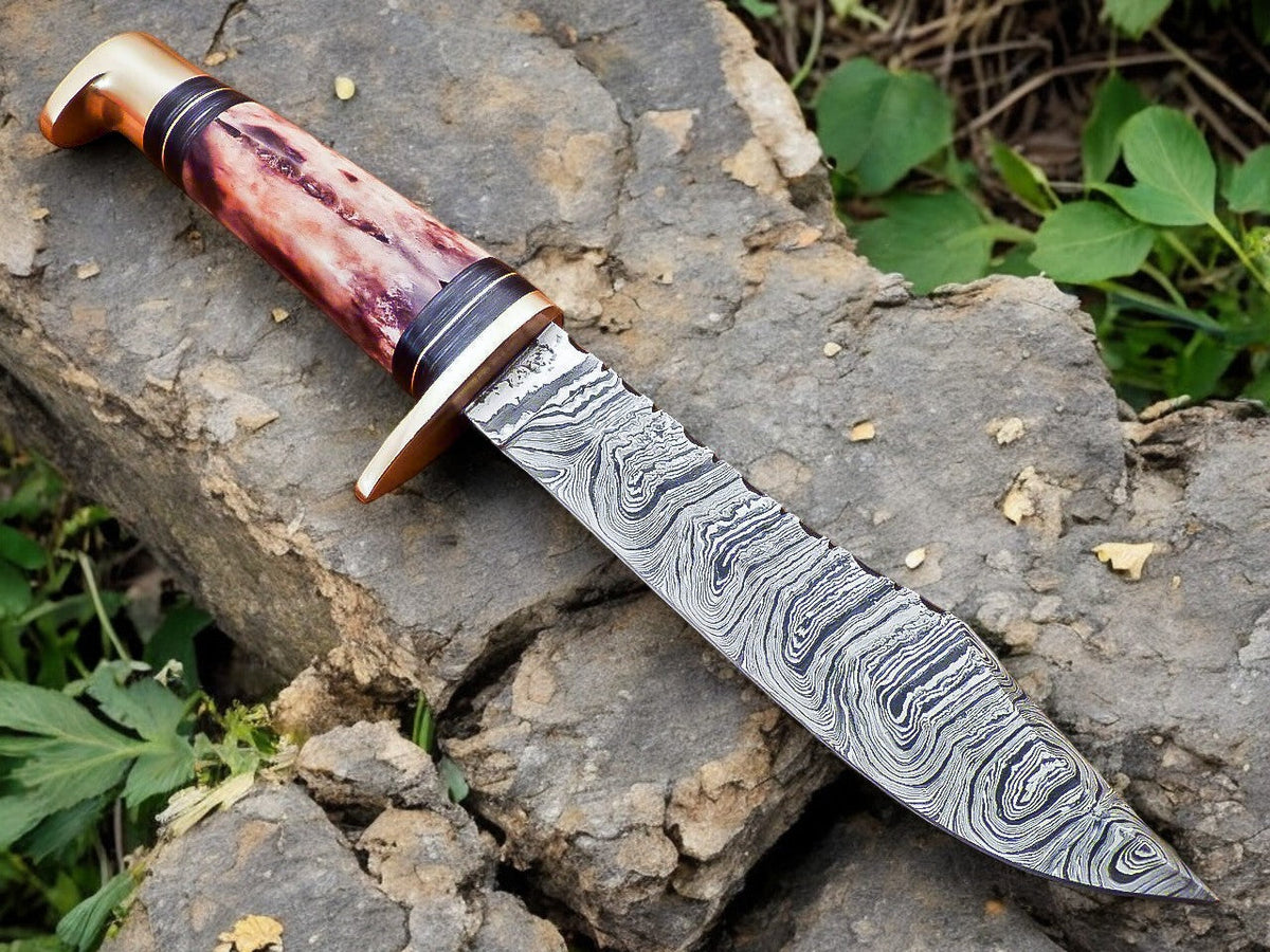 Handmade Damascus Hunting Knife – 12" with Bone Handle
