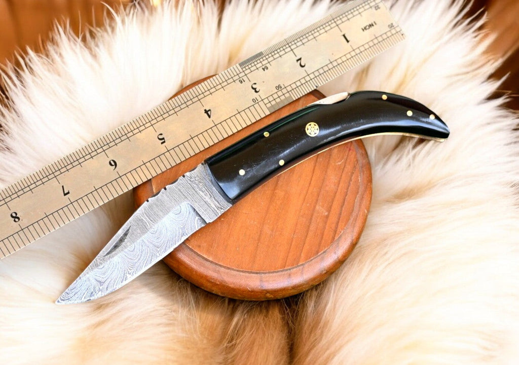 Handmade Damascus Steel Pocket Knife with Buffalo Horn