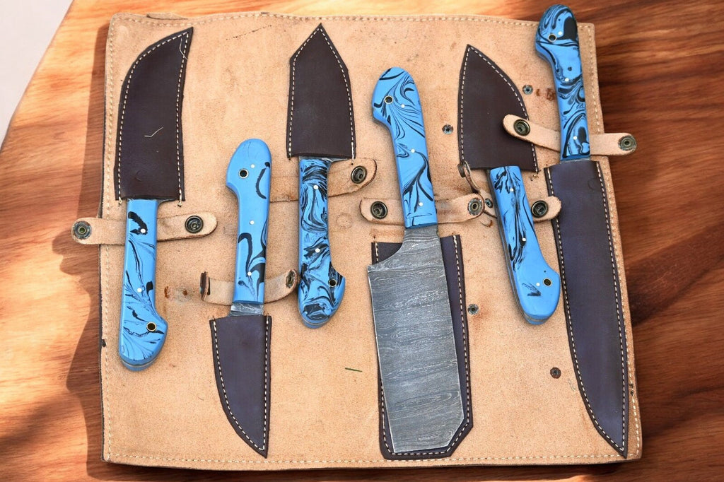 Handmade Damascus Kitchen Knives Set – Epoxy Resin Handles