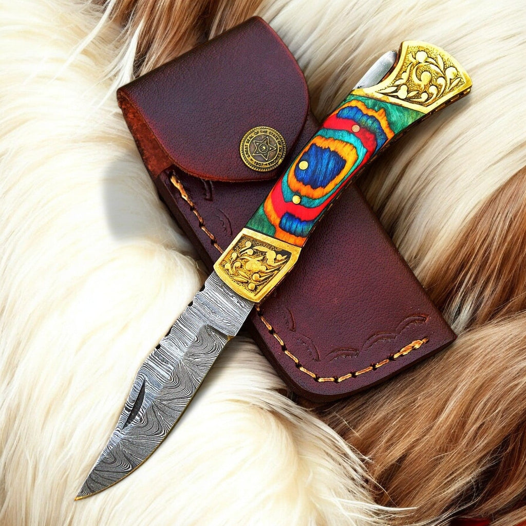 Custom Handmade Damascus Pocket Knife with Multi-Color Wood Handle