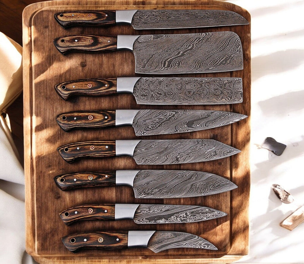 Handmade Damascus Kitchen Knives Set – Exotic Wood Handles