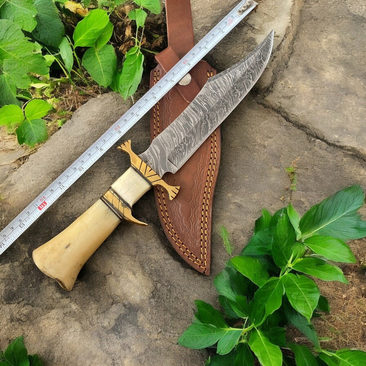 Handmade Damascus Bowie Knife – 10" Bone Handle Blade