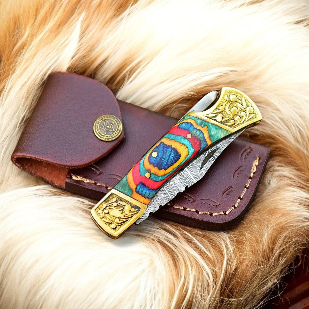 Custom Handmade Damascus Pocket Knife with Multi-Color Wood Handle