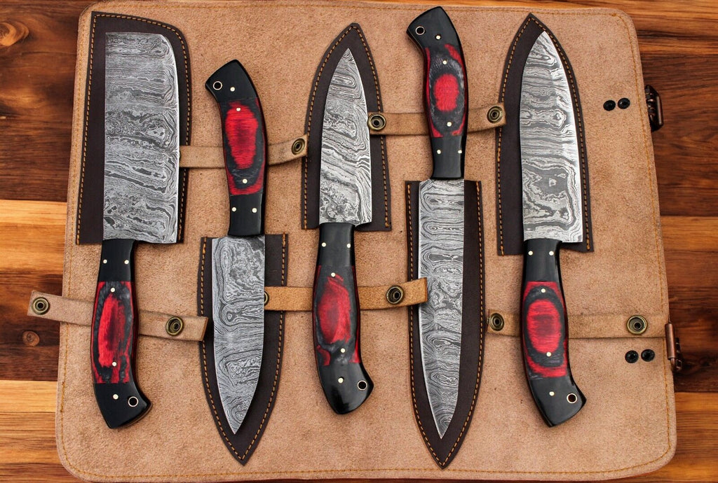 Handmade Damascus Kitchen Knives Set – Exotic Wood & G10