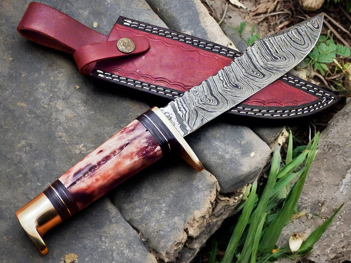 Handmade Damascus Hunting Knife – 12" with Bone Handle