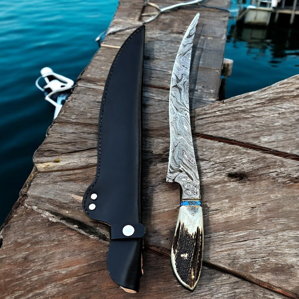 Premium Damascus Fillet Knife – Antler Horn Handle, 13"