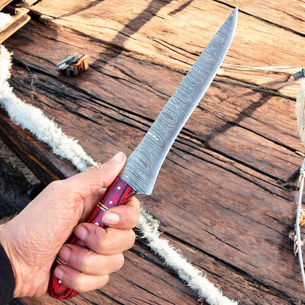 Handmade Damascus Fillet Knife – 12" with Exotic Wood Handle