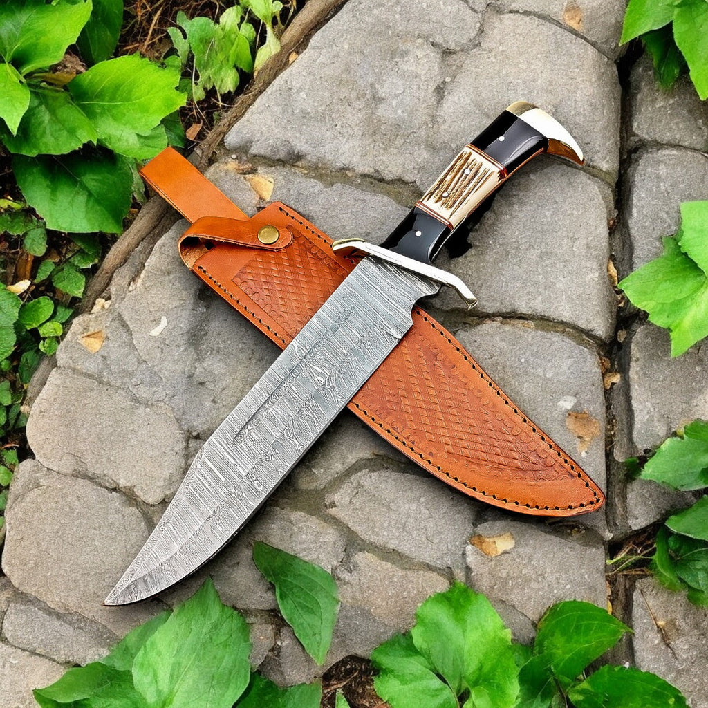 Handmade Damascus Bowie Knife – 15" with Wenge & Antler