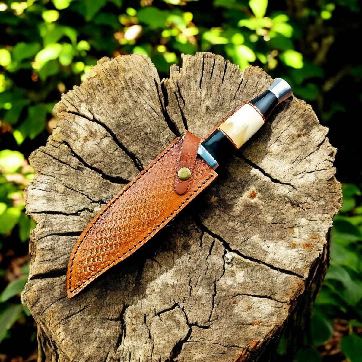 Handmade Damascus Bowie Knife – Bone & Buffalo Horn Handle