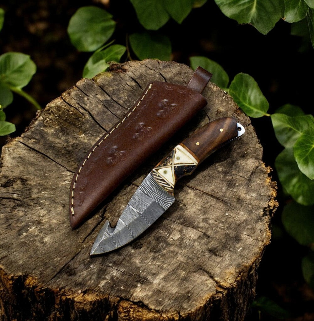 Custom Handmade Damascus Steel Skinning Knife with Rosewood & Bone Handle