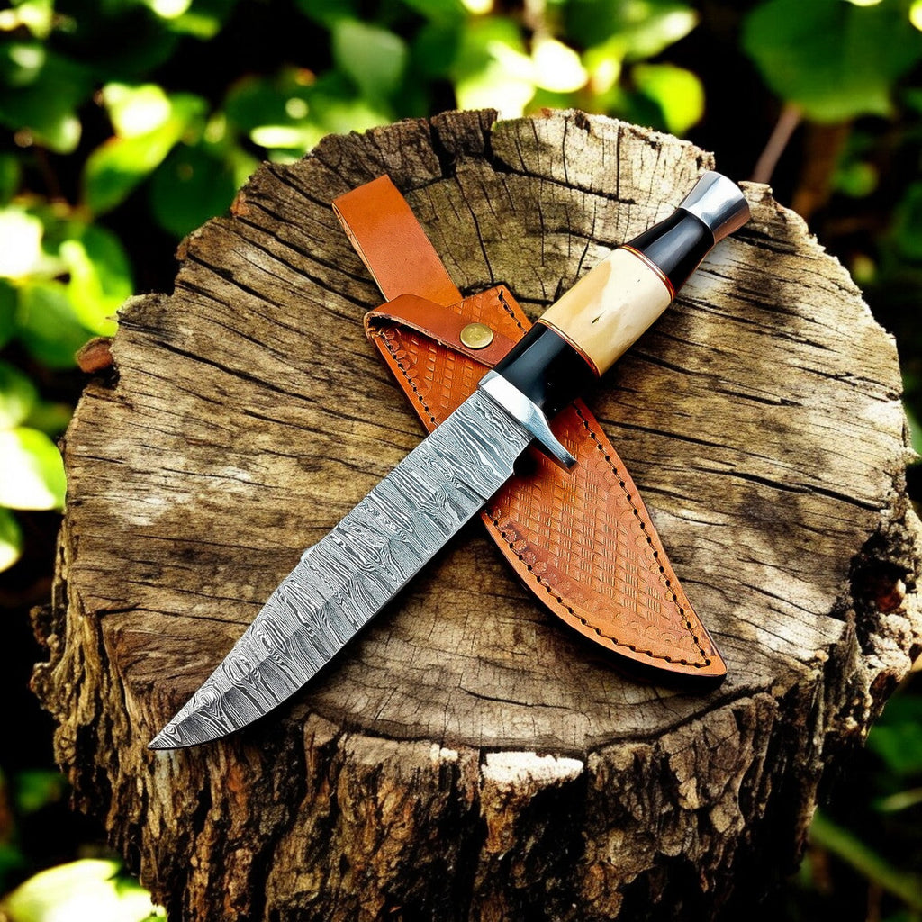 Handmade Damascus Bowie Knife – Bone & Buffalo Horn Handle