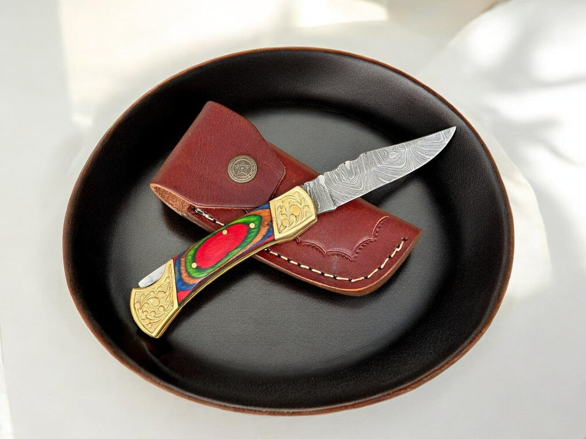 Exotic Wood Damascus Folding Knife – 3" Blade
