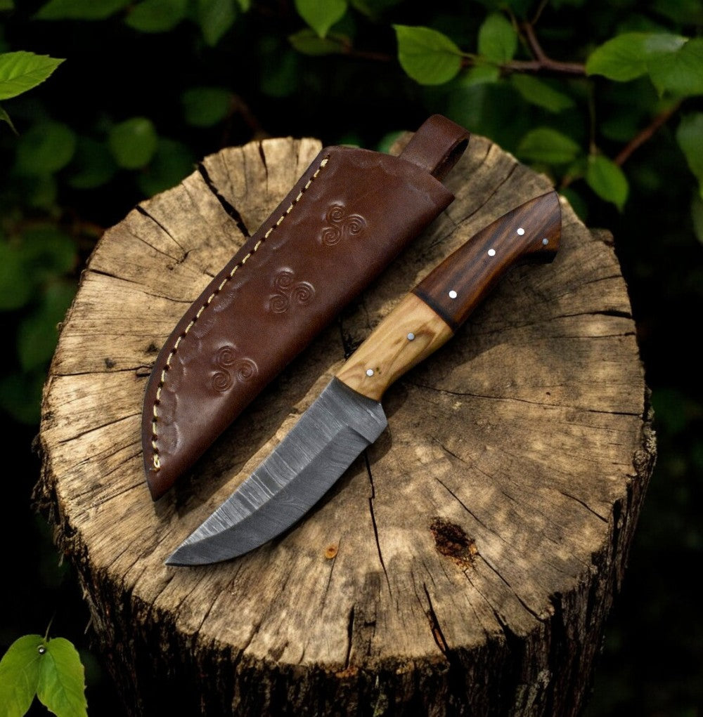 Handmade Damascus Steel Skinning Knife with Rosewood & Olivewood Handle