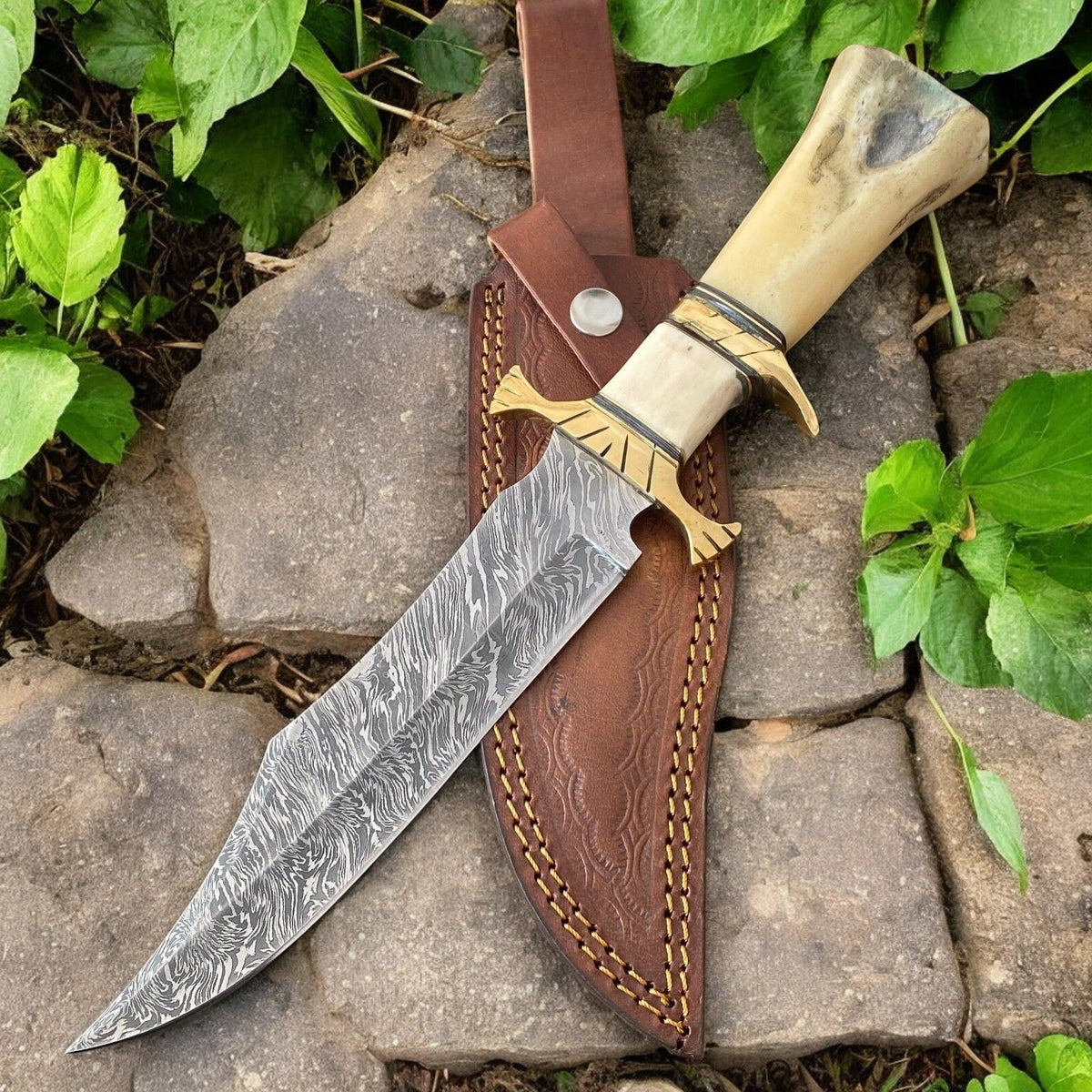 Handmade Damascus Bowie Knife – 10" Bone Handle Blade