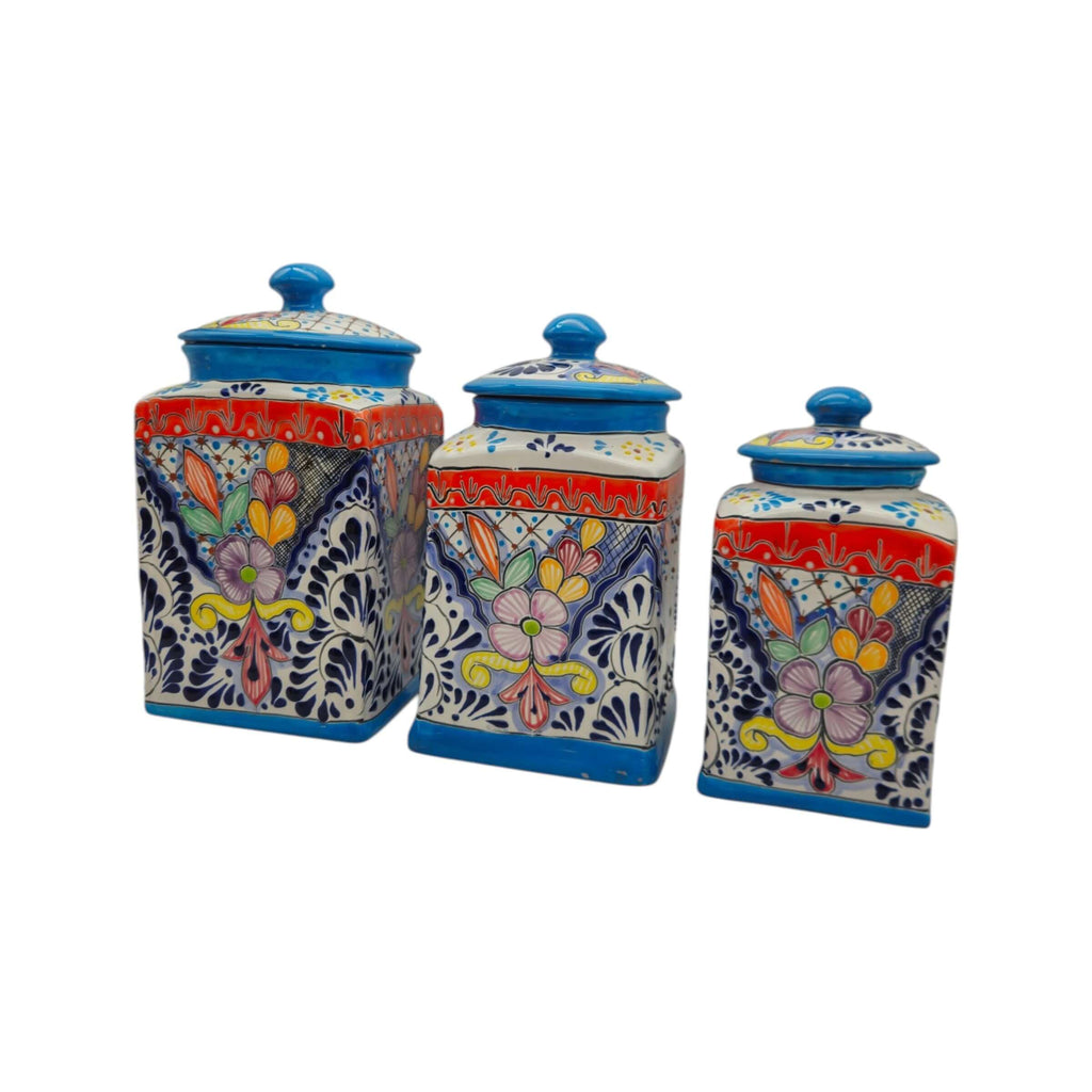 Set of 3 Light Blue Talavera Canister Set | Mexican Pottery
