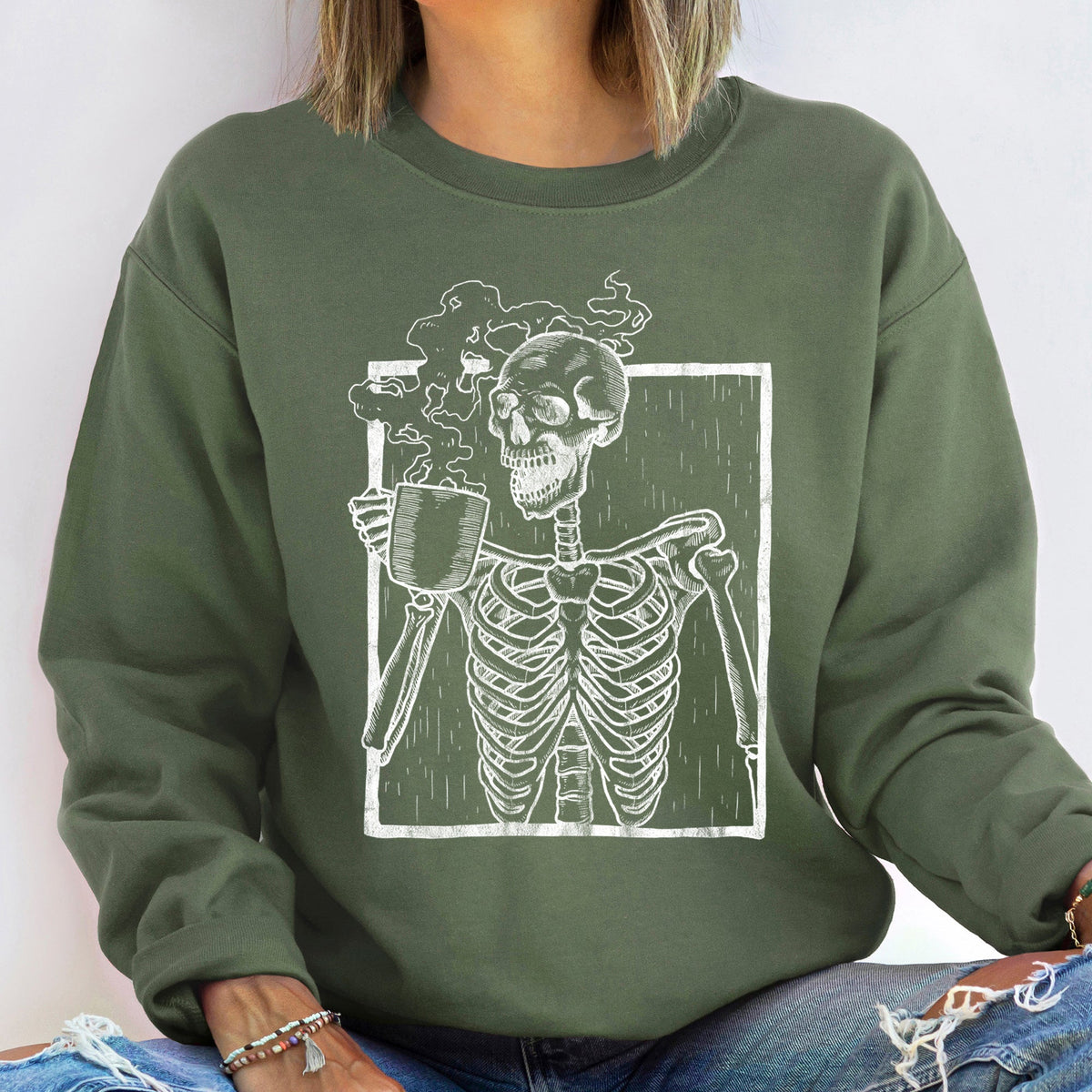 Skeleton Coffee Halloween Haunted Mug Steam Graphic Illustration Vintage Sweatshirt