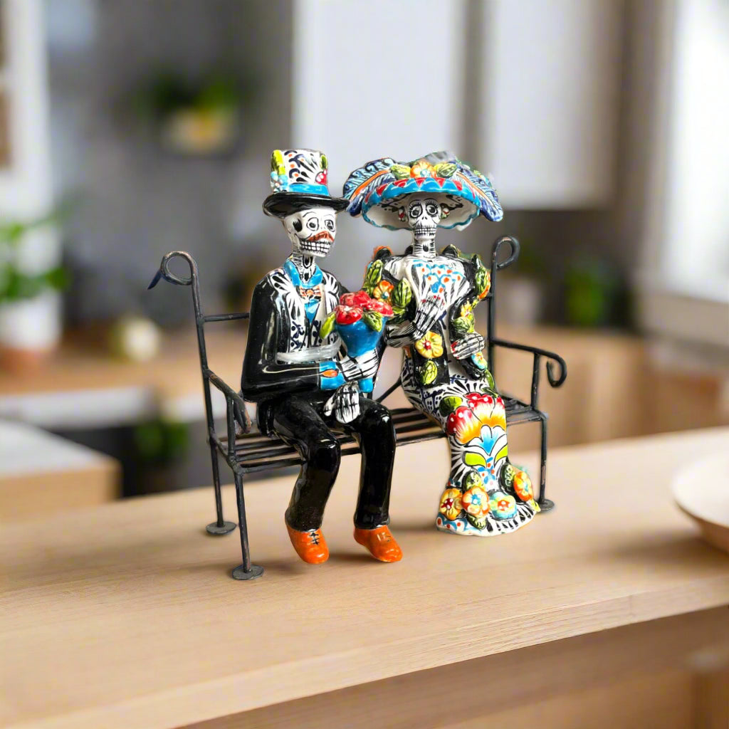 Talavera Skeleton Couple on Bench | Day of the Dead Mexican Decor