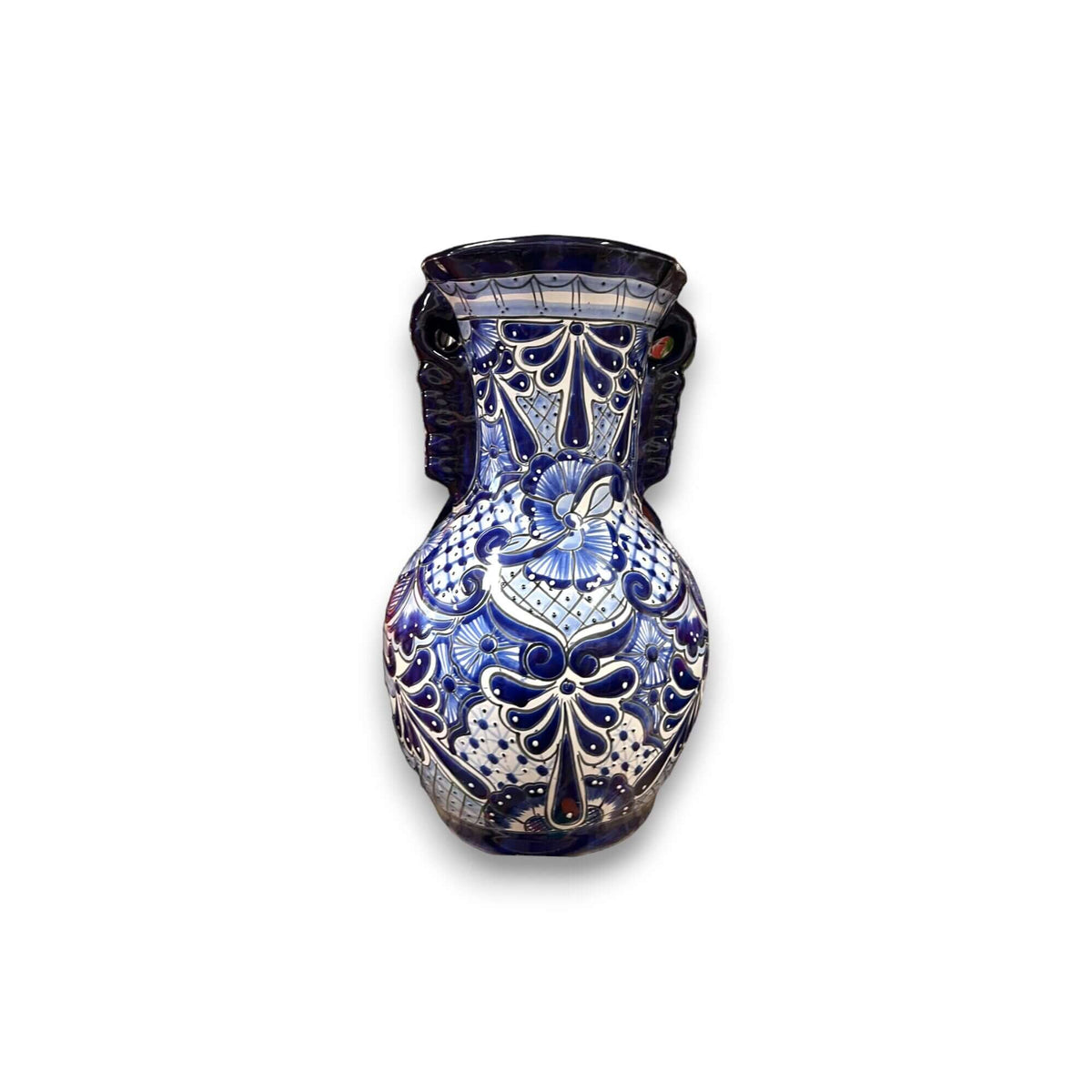 Tall Talavera Vase | Blue Rim Mexican Pottery