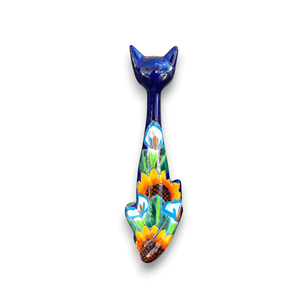 Tall Talavera Cat Statue | Handmade Mexican Sunflower Decor