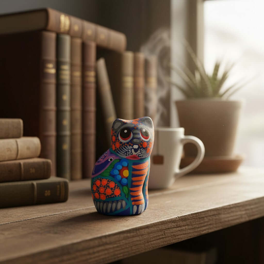 Alebrije Cat Figurine | Hand-Painted Mexican Folk Art