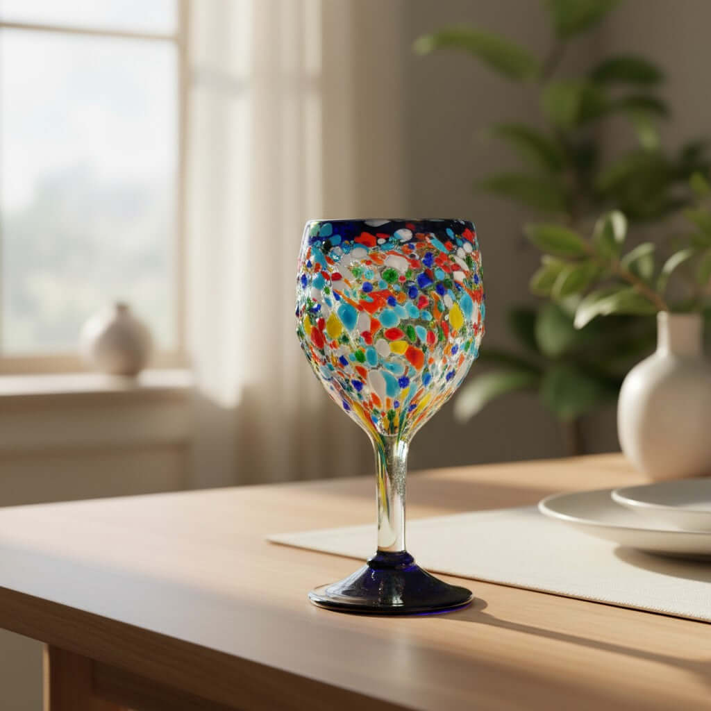 Hand-Blown Mexican Wine Glasses | Blue Rim Confetti Design