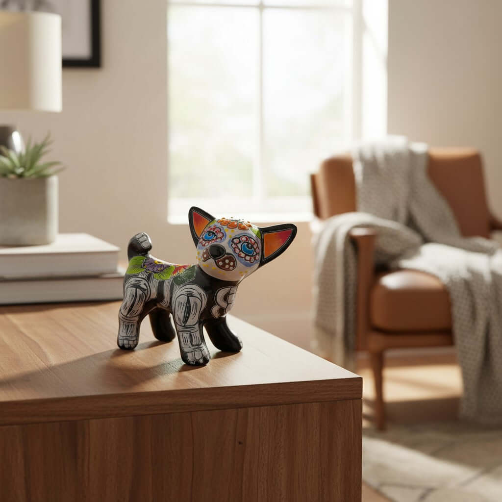 Talavera Chihuahua Statue | Hand-Painted Day of the Dead Art