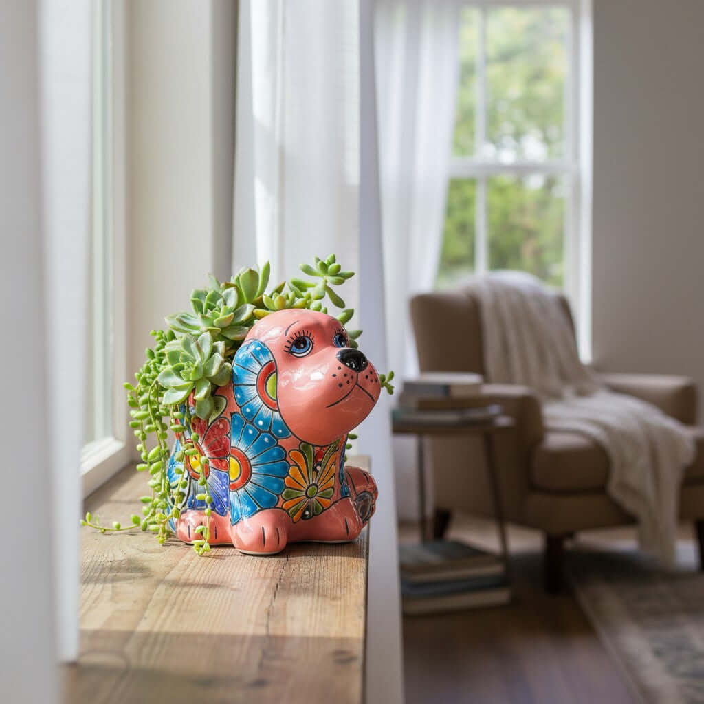 Vibrant Handmade Talavera Dog Statue | Colorful Mexican Canine Art