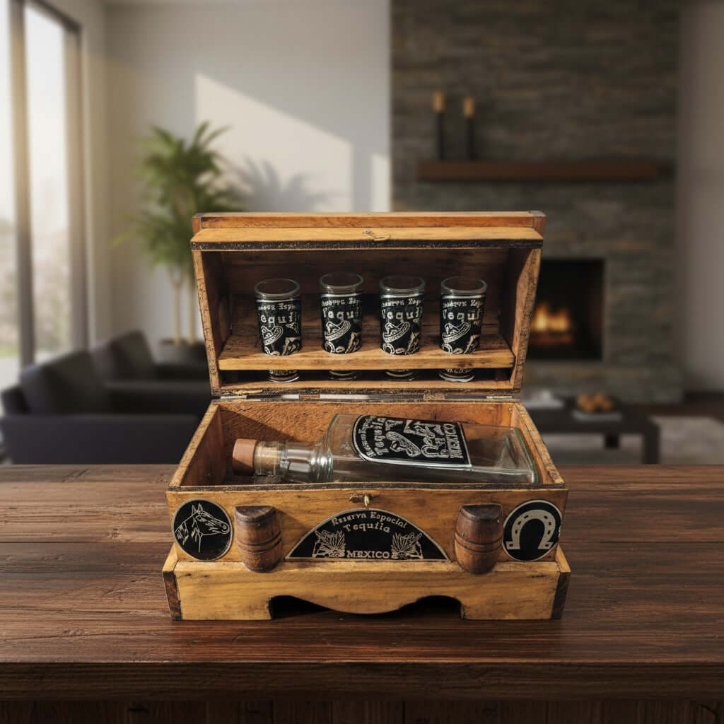 Mexican Shot Glass & Decanter Set | Rustic Wooden Chest