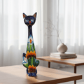Tall Talavera Cat Statue | Handmade Mexican Sunflower Decor