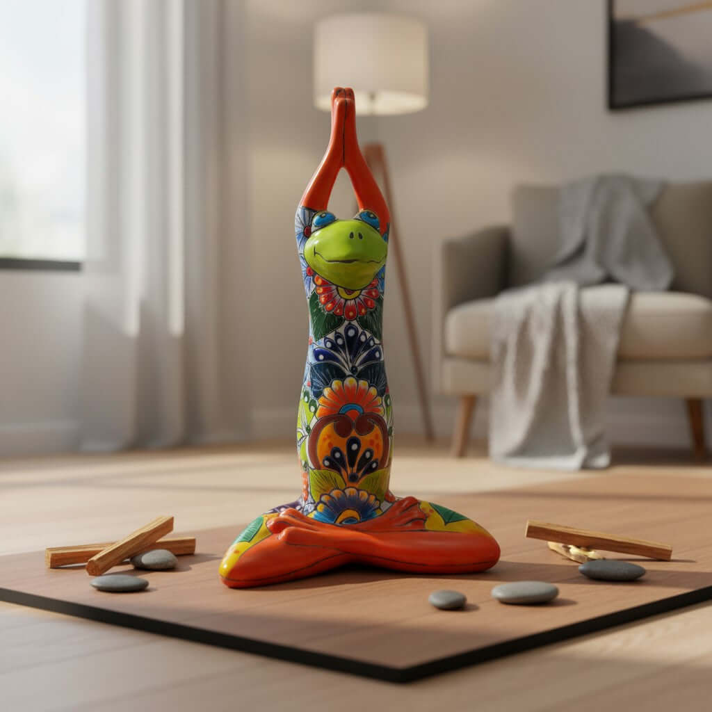 Large Talavera Yoga Frog Statue | Mexican Art Decor