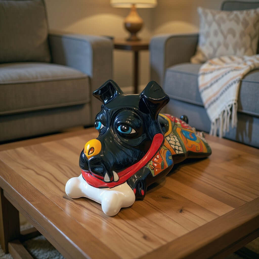 Large Hand-Painted Talavera Ceramic Laying Dog Decor with Bone