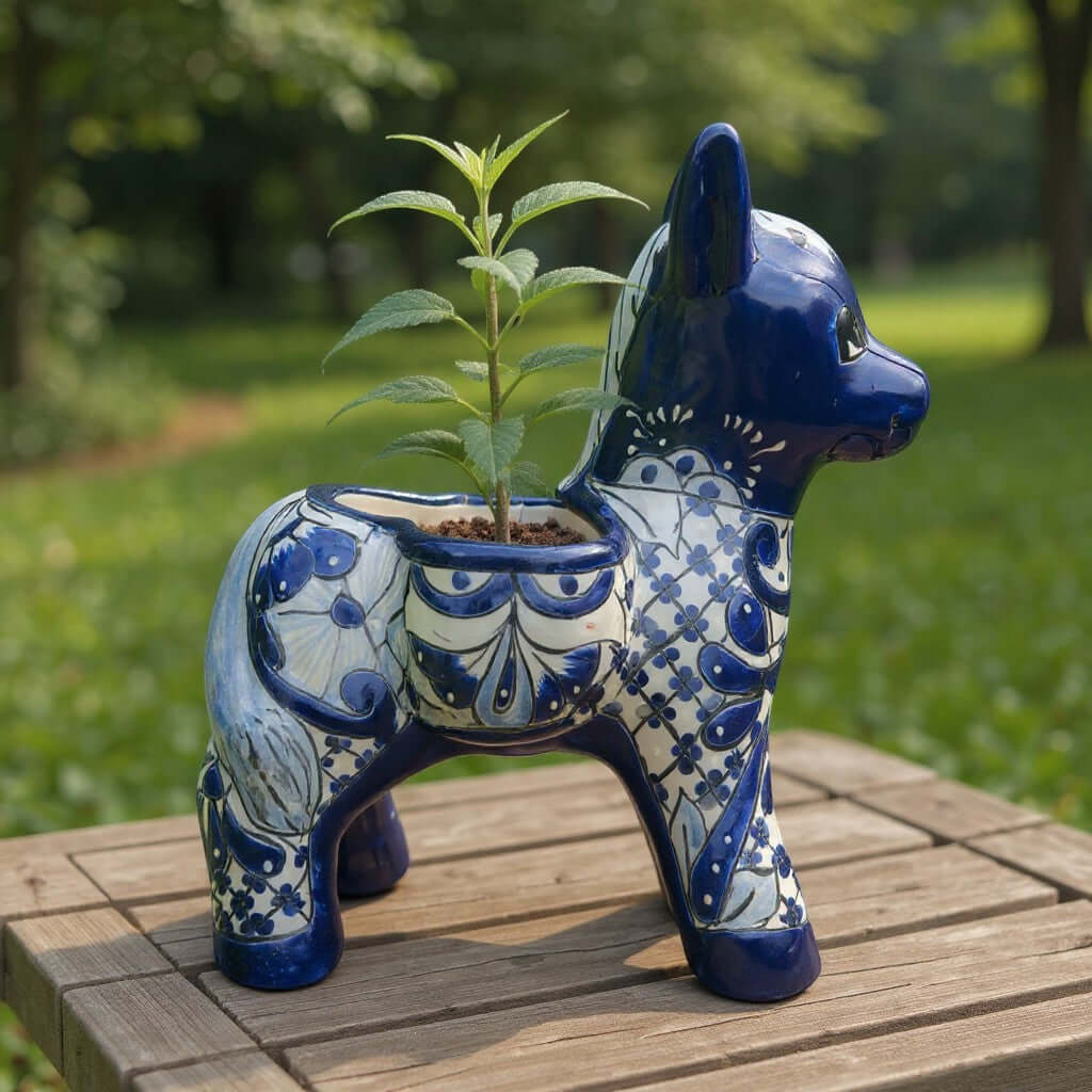 Blue & White Talavera Donkey Planter | Handmade Mexican Art