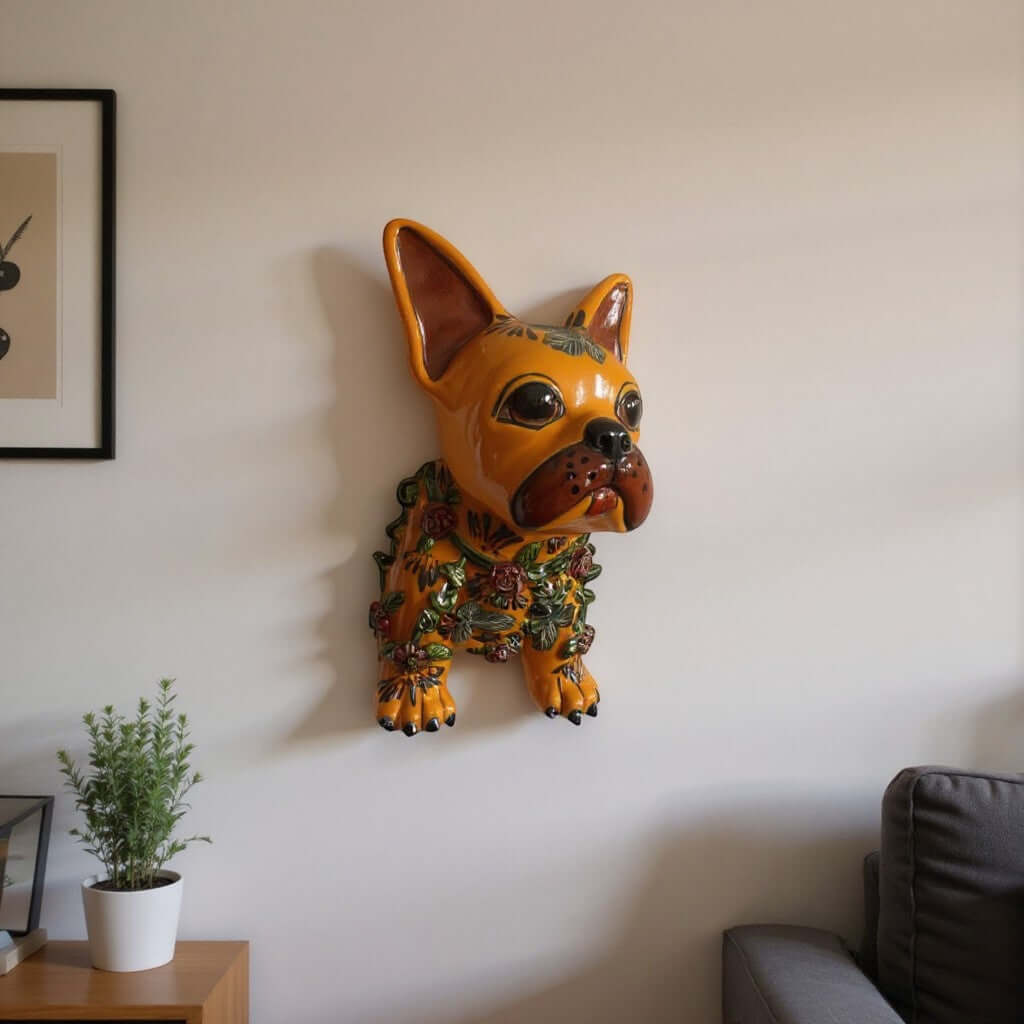 Colorful Talavera French Bulldog Statue | Handmade Wall Art