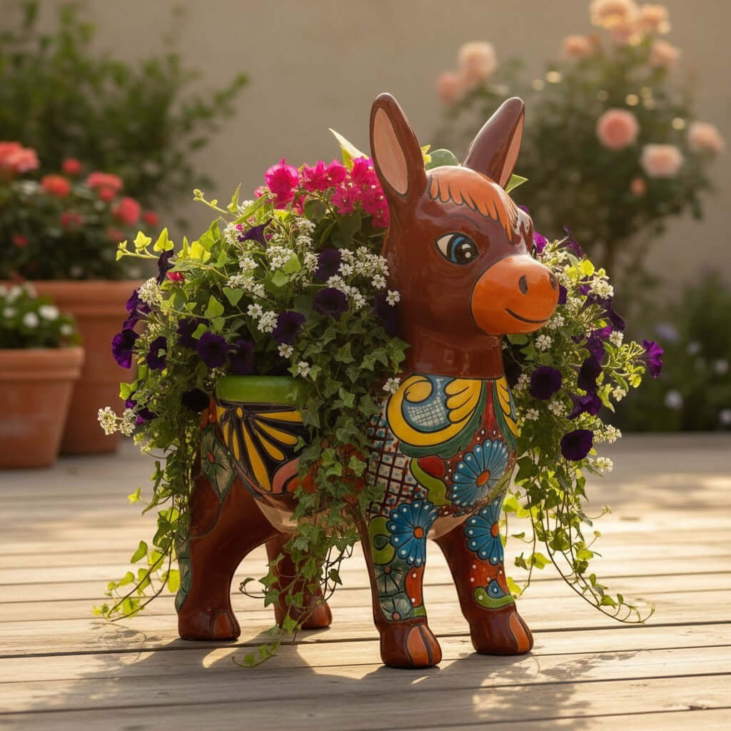 Large Talavera Donkey Planter | Hand-Painted Ceramic Burro